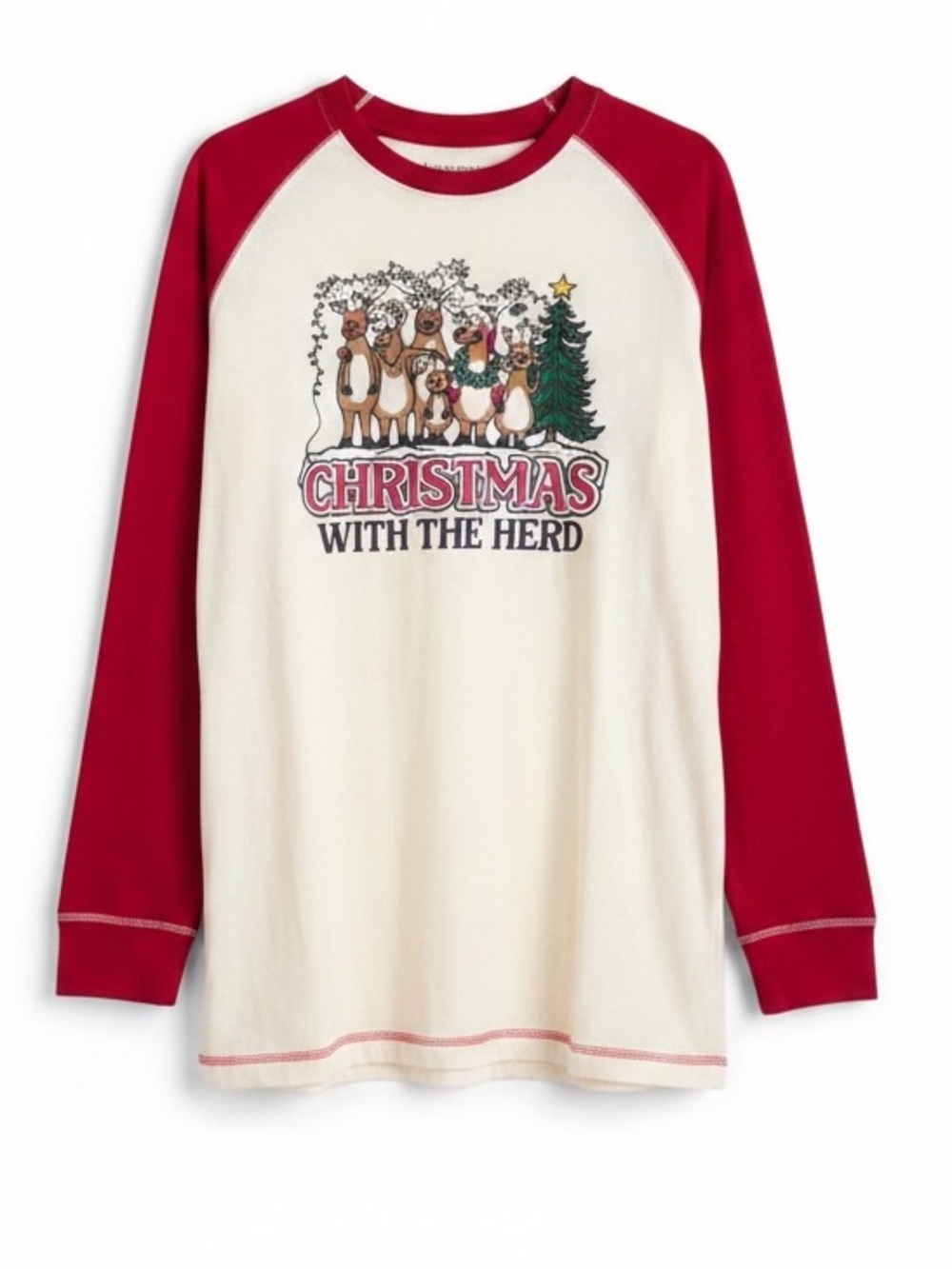 “Christmas With the Herd” Men's XL Cream/Red Long Sleeve Cotton PJ Tee NWOT